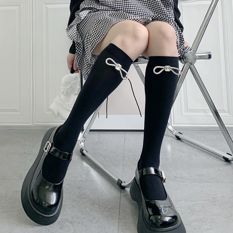 Lolita天鹅绒袜子薄款水钻蝴蝶结长筒袜jk少女风暗黑显瘦小腿袜