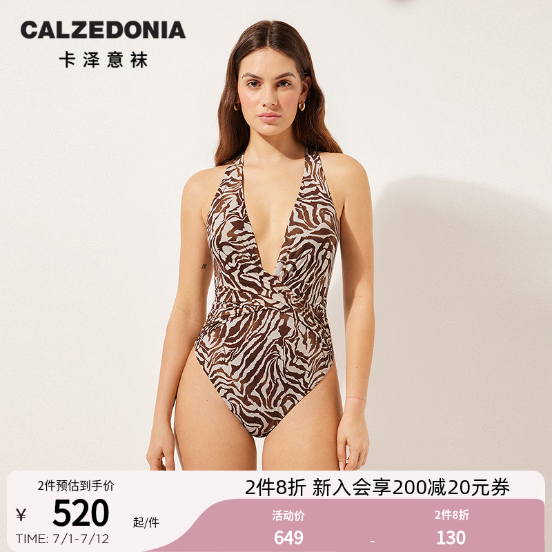 CALZEDONIA卡泽意袜25夏海边度假低领口棕色图案连体泳衣0IS1838