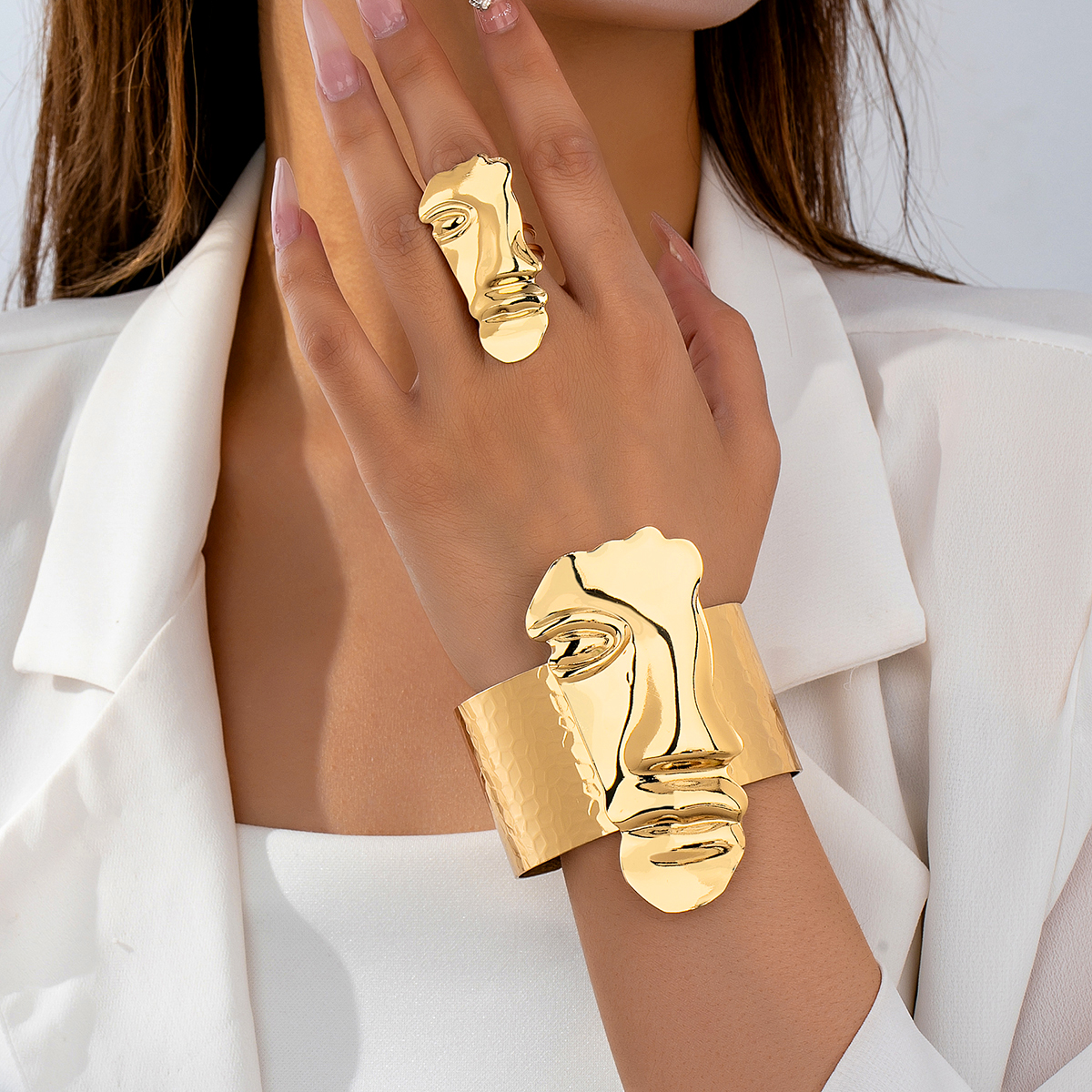 欧美夸张时尚个性简约百搭轻奢气质金色人脸造型手镯戒指套装女