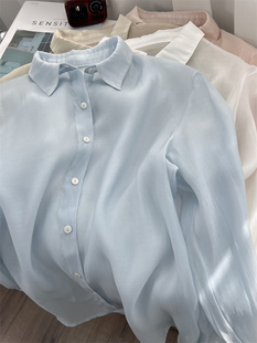 宽松设计感长袖 上衣 开衫 女小个子夏季 莱赛尔天丝轻薄防晒蓝色衬衫