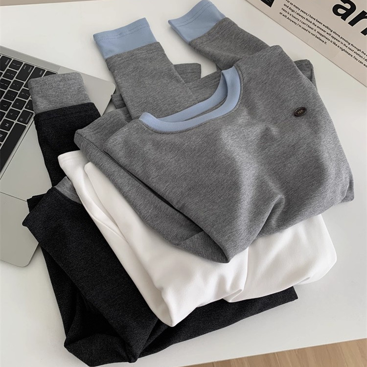 高级简约拼色圆领长袖抓绒T恤女24秋冬新款钉扣仿羊绒加厚打底衫