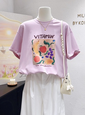 春夏季正肩遮肉粉色上衣~韩代款chic减龄纯棉花朵印花微胖短袖t恤