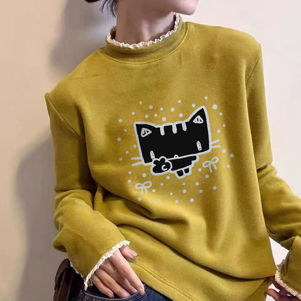 花边领打底衫2025新款今年流行爆款加绒厚款德绒半高领长袖t恤女