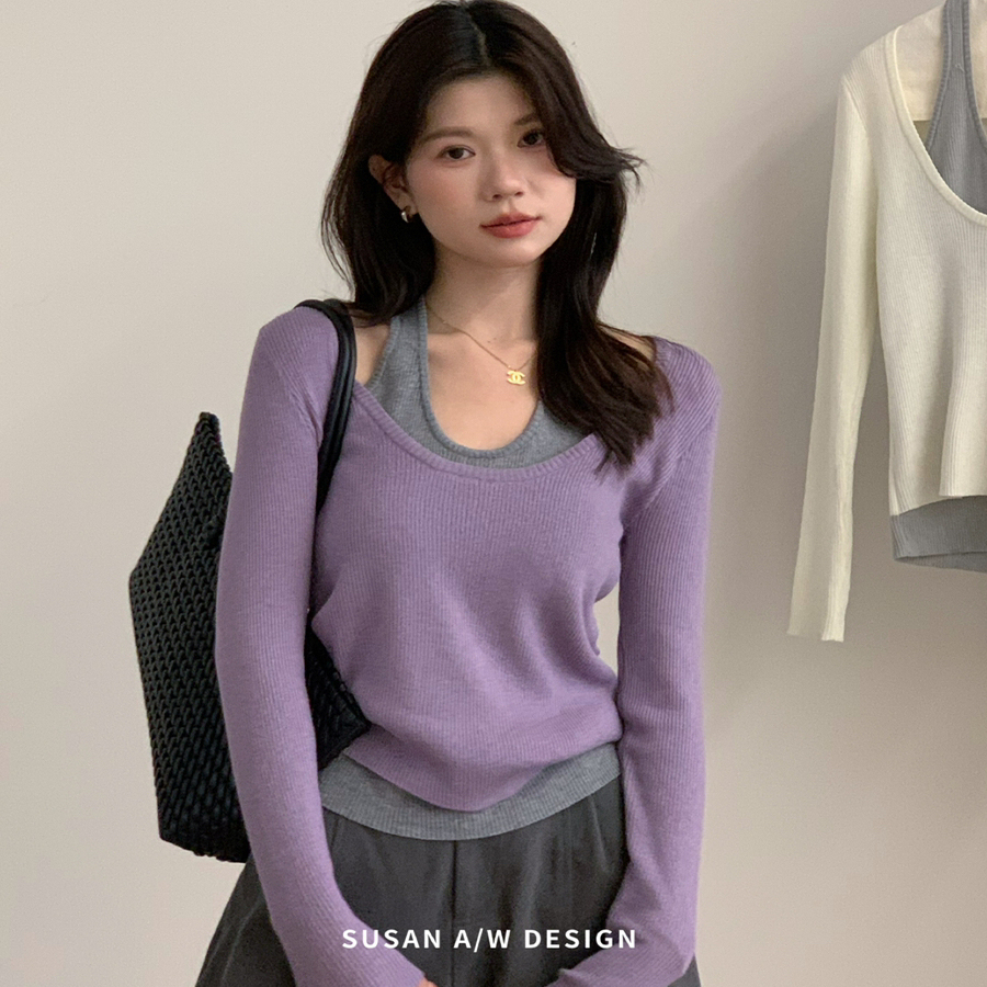 韩版简约假两件拼接挂脖针织衫女秋季2025新款显瘦别致百搭上衣潮