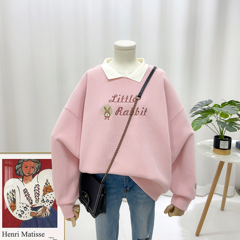 2026春秋季韩版宽松刺绣兔子字母女士POLO领女士减龄卫衣2506洋气