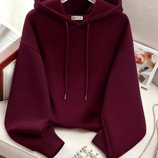 休闲带帽加厚外套 韩版 安哥拉红连帽卫衣女加绒2025新款 春秋冬薄款