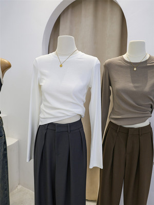 纯色长袖正肩t恤女打底衫2025秋季百搭修身短款内搭圆领体恤上衣