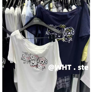 十三行搞怪凯蒂大领斜肩宽松T恤2026夏季新款露肩设计小猫短袖女