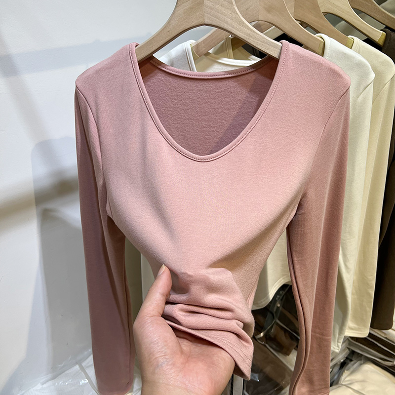 V领加磨毛薄绒长袖T恤女