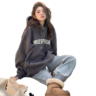 美式复古深灰色卫衣女秋冬oversize宽松bf慵懒风连帽加绒加厚外套