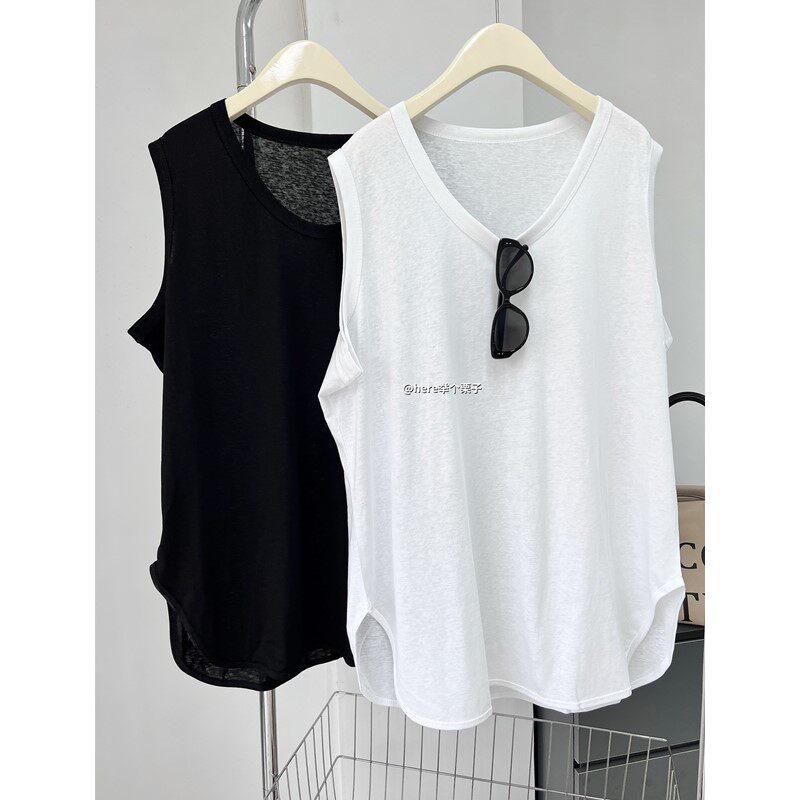 大U领纯色无袖坎肩背心T恤女夏季上衣宽松大版中长款休闲百搭洋气
