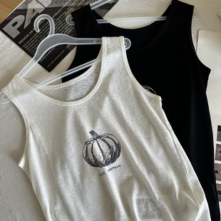 无袖 韩系薄款 上衣 新款 麻感竹节棉U领素描南瓜印花背心女2026夏季