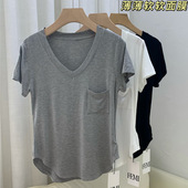 新款 短袖 宽松韩版 莫代尔棉坠感t恤女夏季 中长款 打底衫 V领上衣薄款