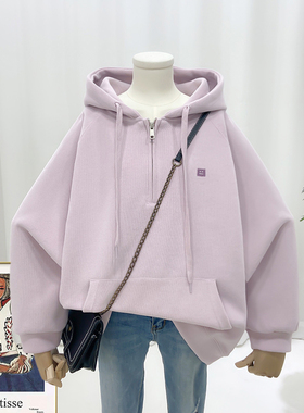 2023春秋宽松韩版BF风刺绣方块笑脸半拉链连帽卫衣口袋女士23016