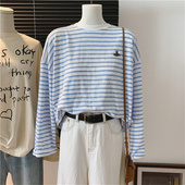 T恤衫 韩国青春女式 秋 圆领休闲时尚 刺绣星球条纹清爽宽松棉质长袖