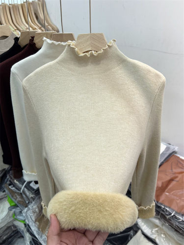 半高领一体绒针织衫加绒加厚T恤