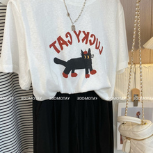 轻薄透气雪花棉t恤女夏宽松短袖正肩圆领卡通猫咪印花上衣体恤衫