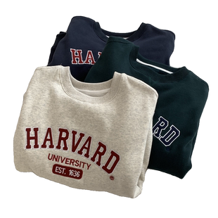 字母刺绣加绒加厚卫衣女2026秋冬新款灰色圆领长袖宽松外套减龄潮