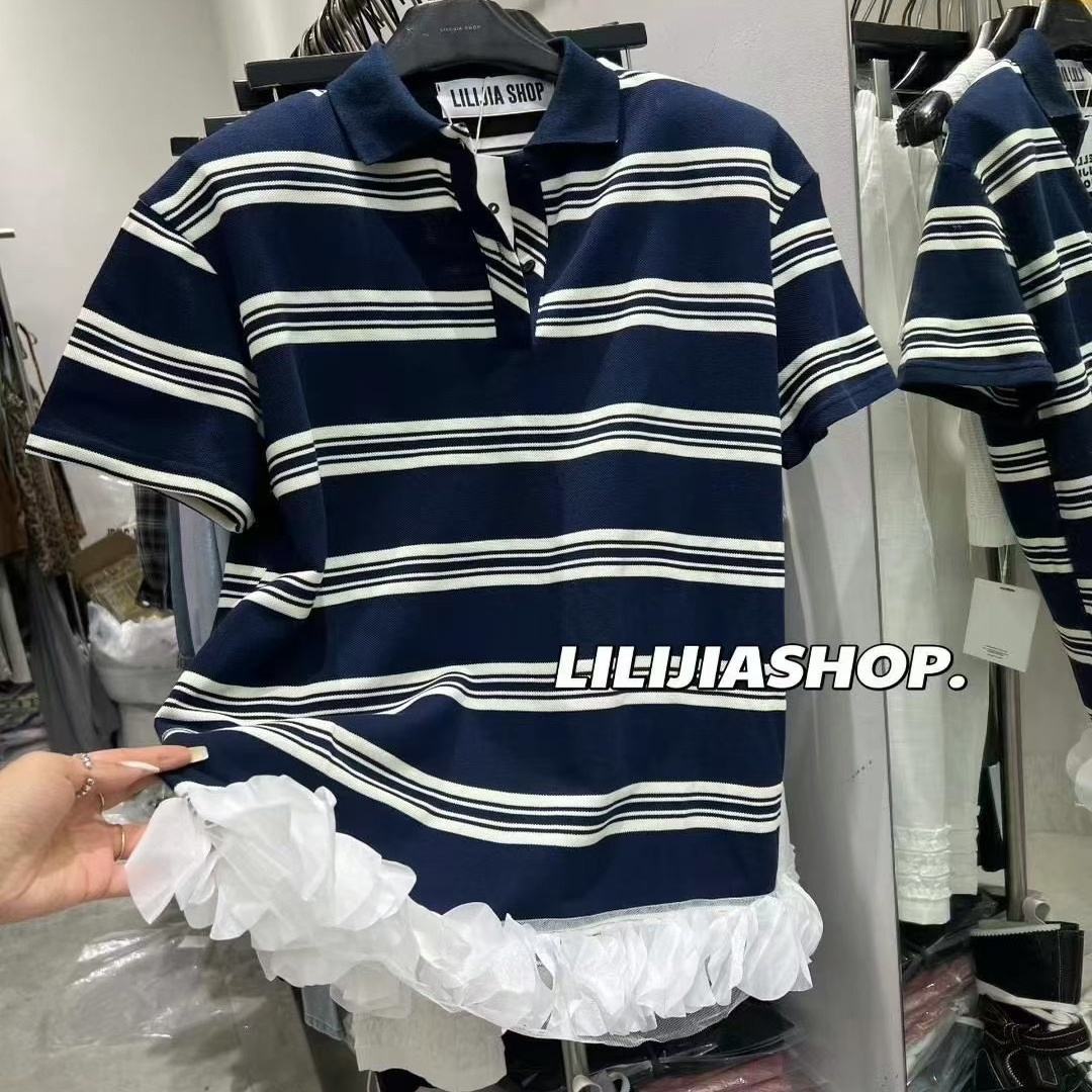 2025夏季新款韩版时尚减龄洋气polo领条纹短袖T恤裙女宽松中长款