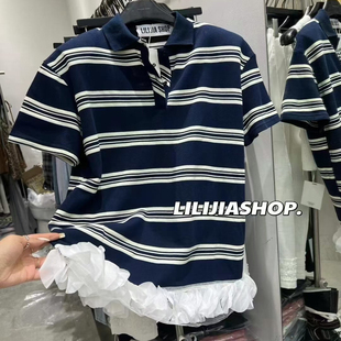 新款 T恤裙女宽松中长款 韩版 减龄洋气polo领条纹短袖 时尚 2025夏季