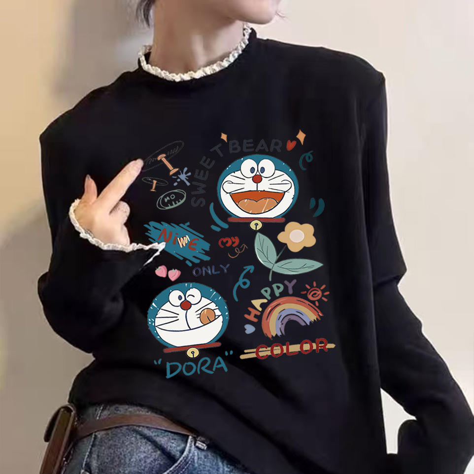 花边领打底衫2025新款今年流行爆款加绒厚款德绒半高领长袖t恤女