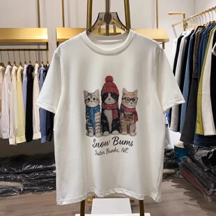 正肩百搭打底衫 新款 上衣 T恤女2026春季 可爱猫猫印花磨毛加厚短袖