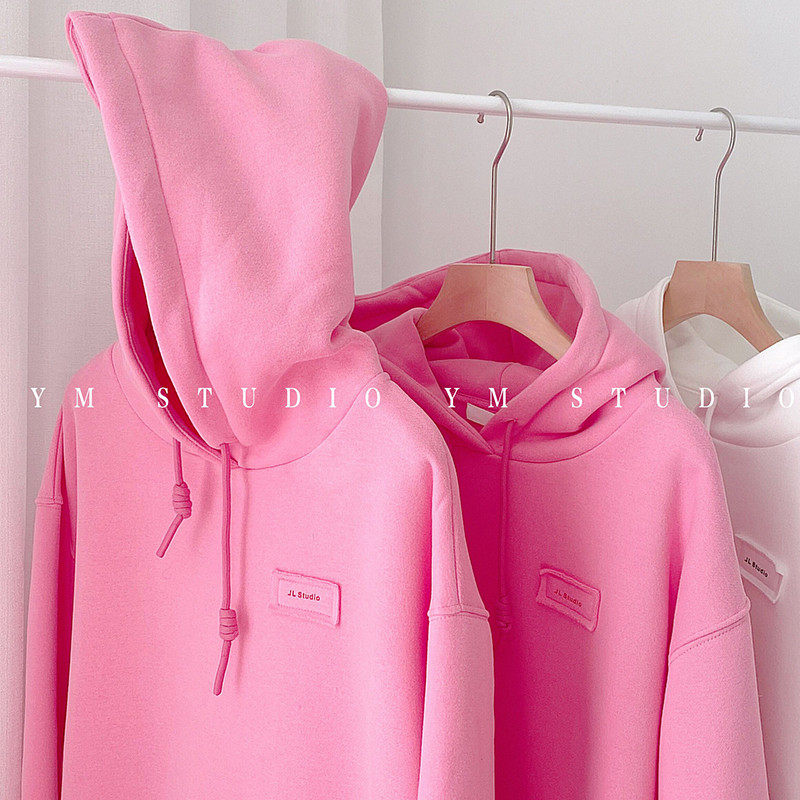 桃粉色卫衣女加绒加厚2021秋冬新款韩版宽松百搭设计感小众上衣潮