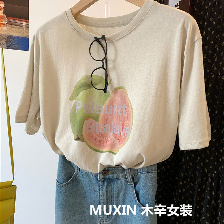 番石榴水果印花夏季薄款清爽宽松休闲女式短袖T恤衫薄棉上衣