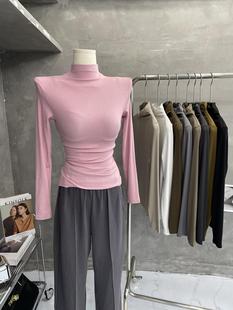 显瘦内搭上衣2024秋冬 T恤女螺纹修身 奶油粉～韩式 半高领打底长袖