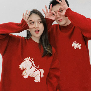 红色本命年情侣装毛衣2026新年款秋冬季马年限定女装时尚针织衫女