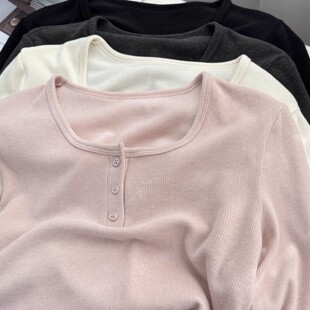 软绵磨毛醋酸羊毛修身u领长袖t恤保暖打底衫女秋冬内搭可外穿上衣