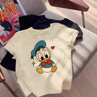 显瘦正肩短款 美式 修身 T恤女夏季 百搭上衣 复古卡通唐老鸭印花短袖