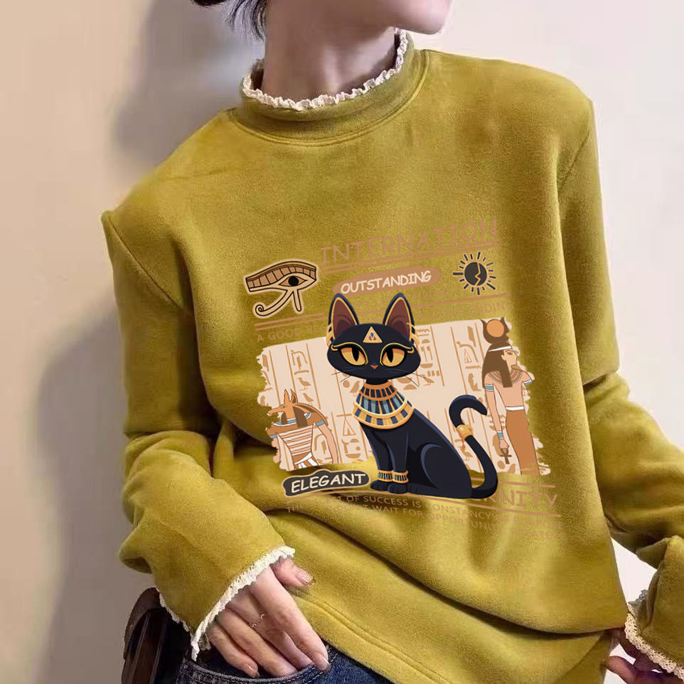 花边领打底衫2025新款今年流行爆款加绒厚款德绒半高领长袖t恤女