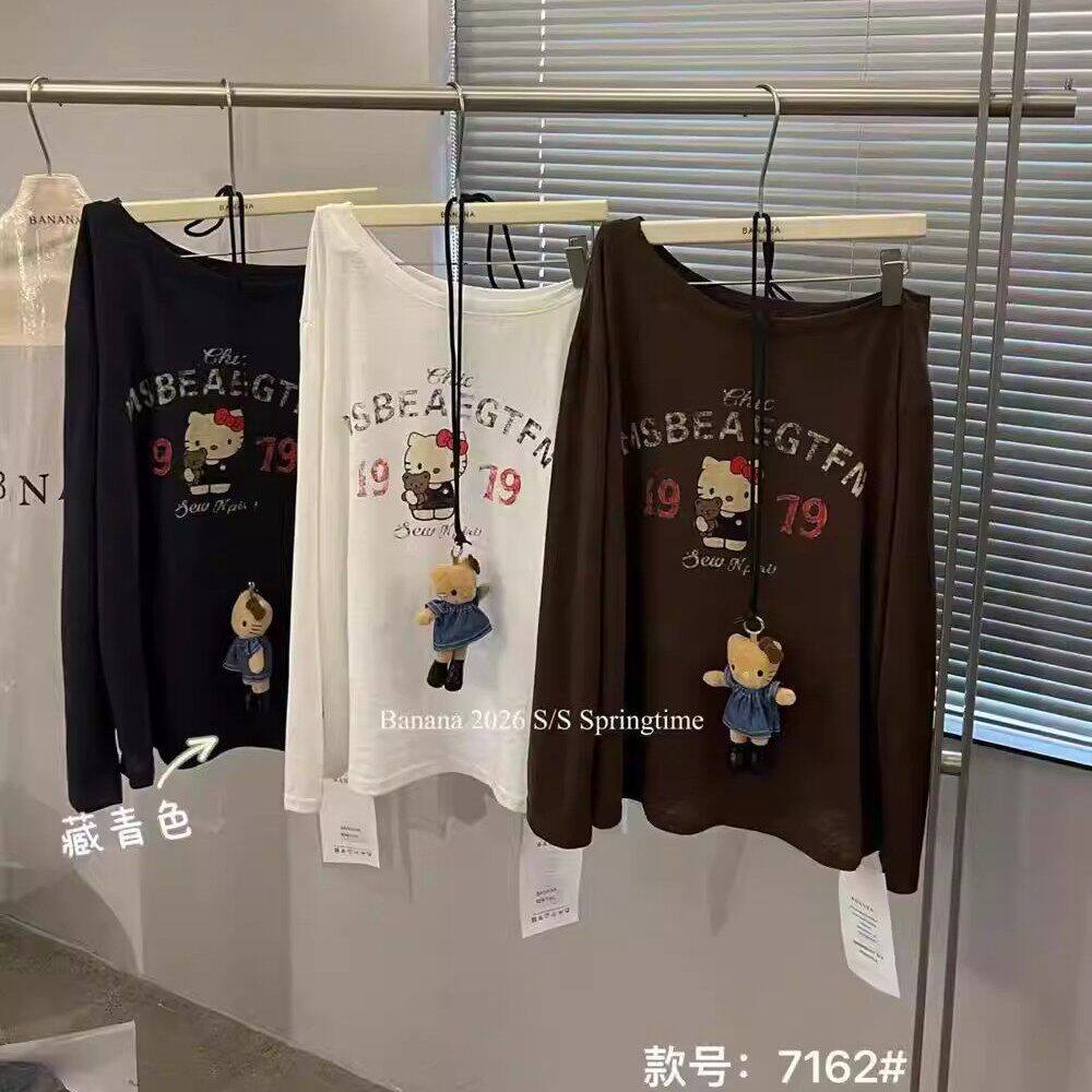 韩国东大门夏季新款卡通风Kitty猫印花长袖T恤女宽松斜领防晒上衣