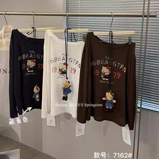 韩国东大门夏季新款卡通风Kitty猫印花长袖T恤女宽松斜领防晒上衣