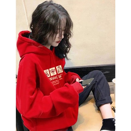 中长款红色卫衣女连帽冬加绒加厚新款蛇年本命年衣服过年上衣外套