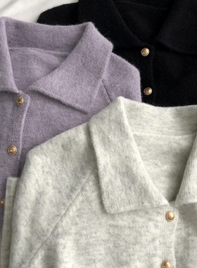 乖巧韩版 甜紫色polo翻领学院毛衣女金扣开衫百搭显瘦针织外套新