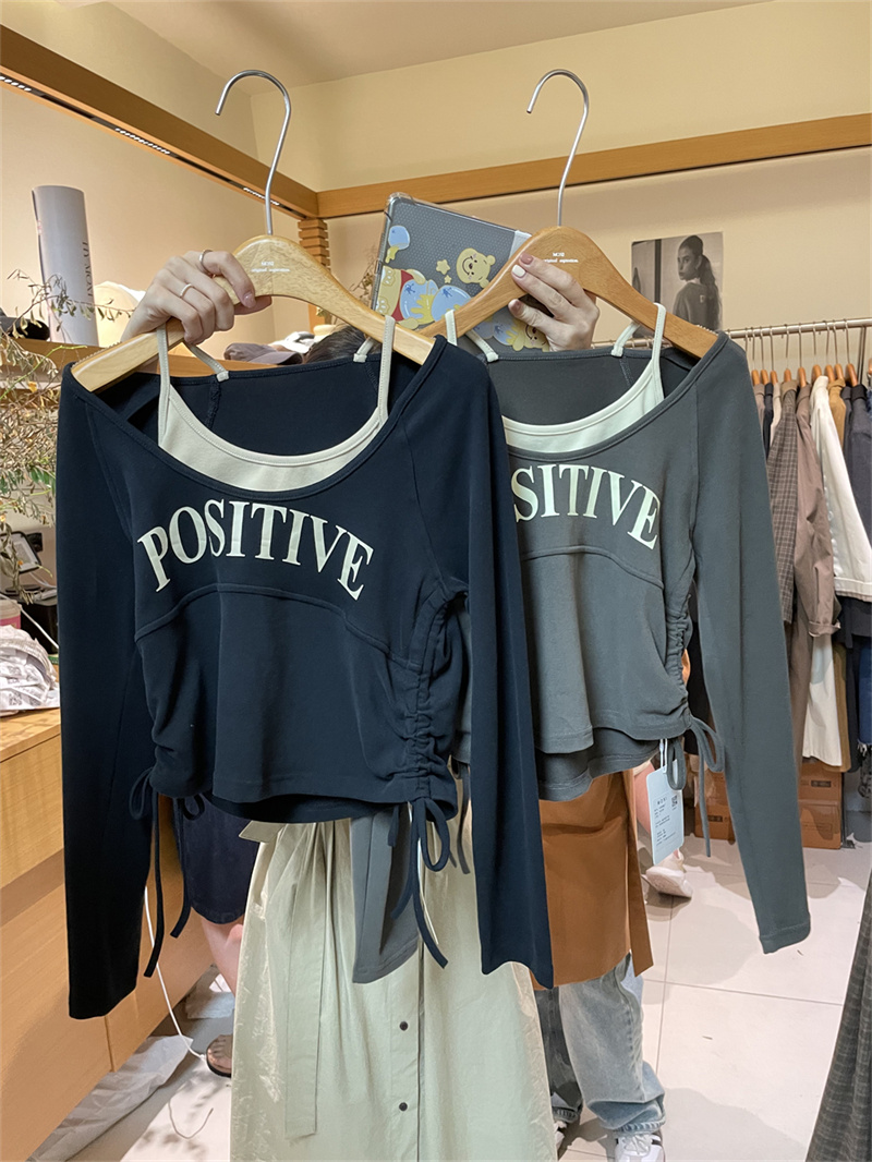 百搭假两件长袖T恤上衣