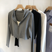 开衫 螺纹棉双拉链短款 弹力显瘦长袖 修身 连帽卫衣潮 外套女春秋薄款