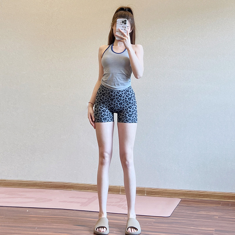 欧美性感瑜伽短裤女蜜桃运动训练紧身高腰提臀三分豹纹健身裤夏季