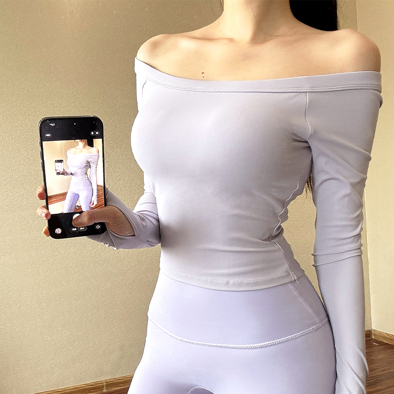 性感瑜伽服露肩辣妹高级感运动上衣女带胸垫显瘦普拉提健身服秋冬