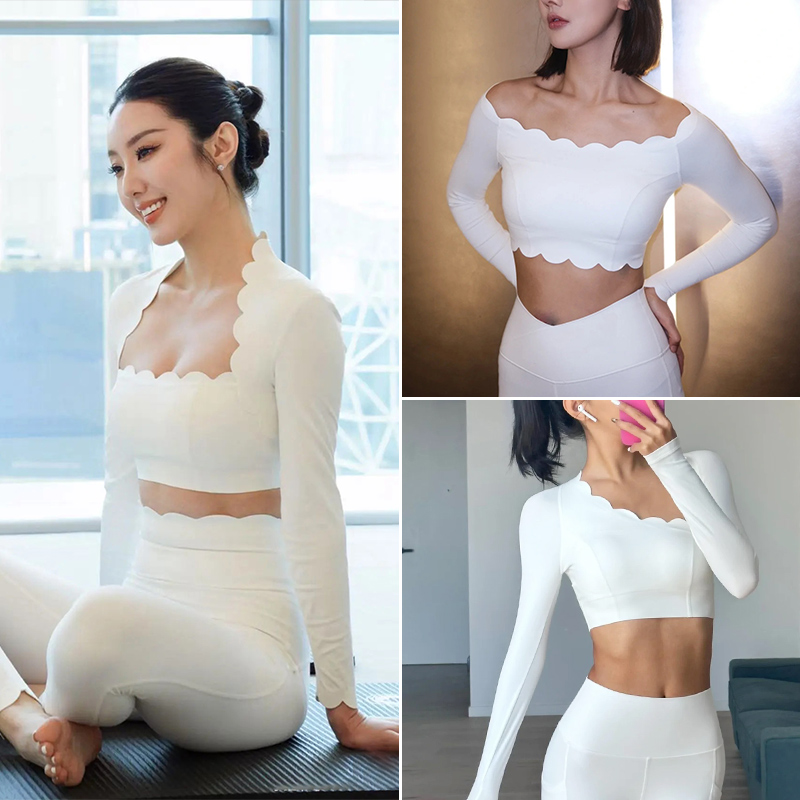 白色瑜伽上衣带胸垫高级训练健身运动套装花边绝美普拉提长袖