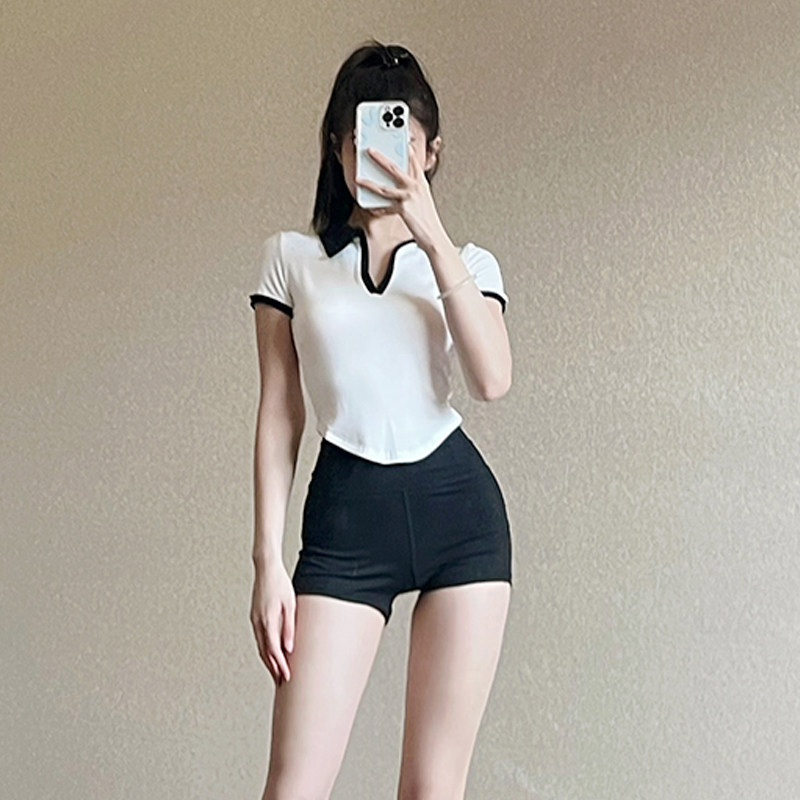 撞色翻领运动短袖女春夏季紧身显瘦瑜伽T恤性感时尚短款健身上衣