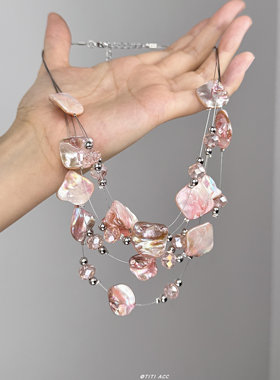 独特多层粉色不规则碎石项链女2025年新款夸张小众多层锁骨链颈链