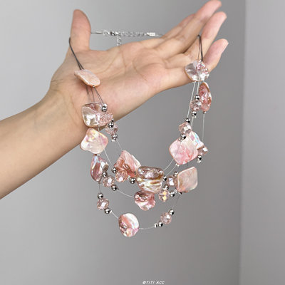 独特多层粉色不规则碎石项链女2025年新款夸张小众多层锁骨链颈链