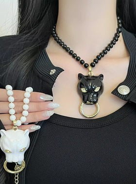 欧美复古黑色珐琅豹子头串珠项链女秋冬高级感锁骨链时尚个性颈链