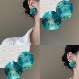 韩系细闪人鱼姬圆形耳钉女ins风复古晕染小众设计感个性 耳环耳饰