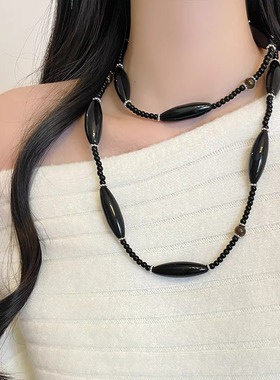 复古简约黑玛瑙拼接项链女轻奢高级感长款毛衣链配大衣裙子配饰潮