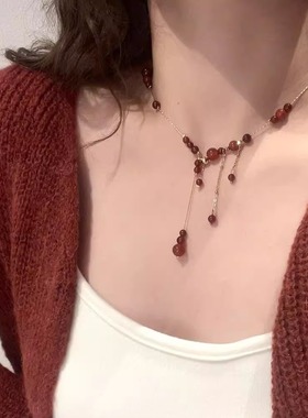 红玛瑙新年红色流苏项链女吊坠
