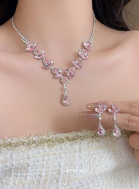 超闪粉色水晶花朵项链女款锁骨链